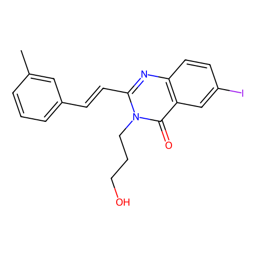 3-(3-hydroxypropyl)-6-iodo-2-[(E)-2-(3-methylphenyl)ethenyl]quinazolin-4(3H)-one structure