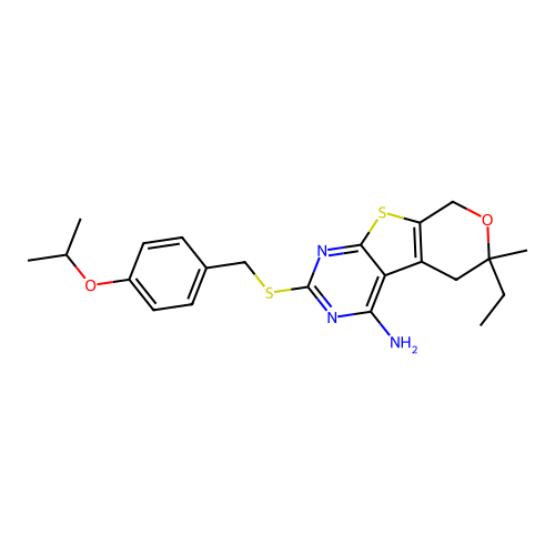6-ethyl-2-((4-isopropoxybenzyl)thio)-6-methyl-6,8-dihydro-5H-pyrano[4',3':4,5]thieno[2,3-d]pyrimidin-4-amine structure