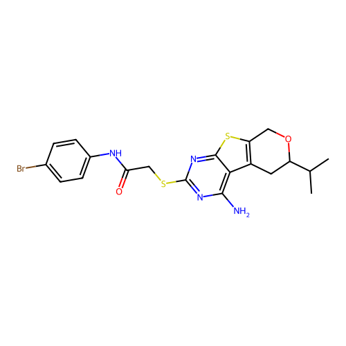 2-((4-amino-6-isopropyl-6,8-dihydro-5H-pyrano[4',3':4,5]thieno[2,3-d]pyrimidin-2-yl)thio)-N-(4-bromophenyl)acetamide structure
