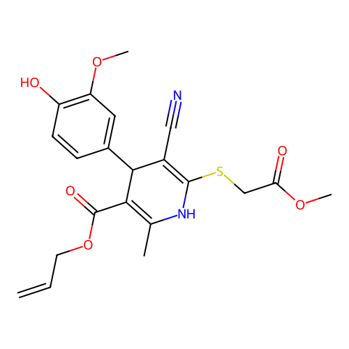 allyl 5-cyano-4-(4-hydroxy-3-methoxyphenyl)-6-((2-methoxy-2-oxoethyl)thio)-2-methyl-1,4-dihydropyridine-3-carboxylate structure