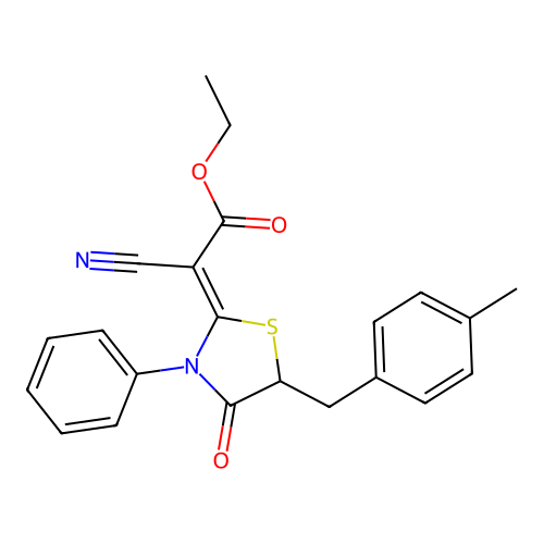 (Z)-ethyl 2-cyano-2-(5-(4-methylbenzyl)-4-oxo-3-phenylthiazolidin-2-ylidene)acetate structure