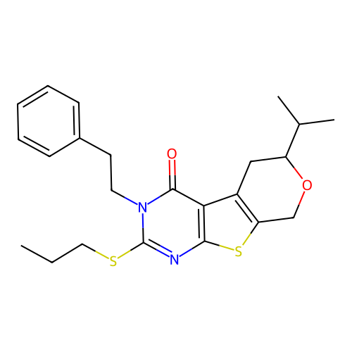 3-(2-phenylethyl)-6-(propan-2-yl)-2-(propylsulfanyl)-3,5,6,8-tetrahydro-4H-pyrano[4',3':4,5]thieno[2,3-d]pyrimidin-4-one structure