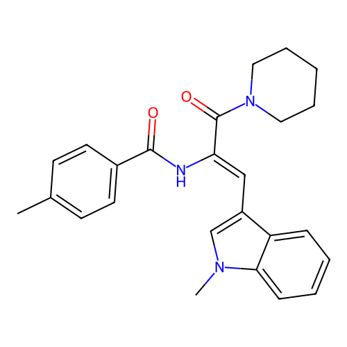 4-methyl-N-[(Z)-1-(1-methylindol-3-yl)-3-oxo-3-piperidin-1-ylprop-1-en-2-yl]benzamide structure