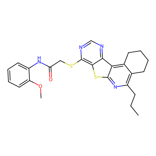 N-(2-methoxyphenyl)-2-((5-propyl-1,2,3,4-tetrahydropyrimido[4',5':4,5]thieno[2,3-c]isoquinolin-8-yl)thio)acetamide structure