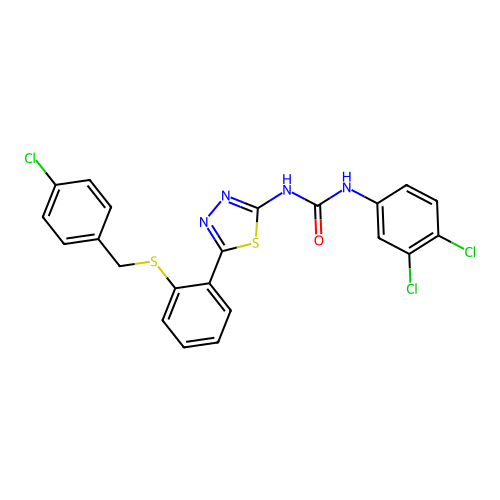 1-[5-[2-[(4-chlorophenyl)methylsulfanyl]phenyl]-1,3,4-thiadiazol-2-yl]-3-(3,4-dichlorophenyl)urea structure