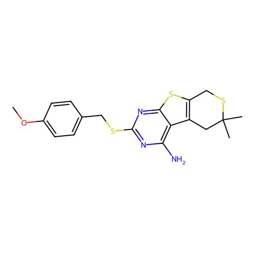 2-[(4-methoxybenzyl)sulfanyl]-6,6-dimethyl-5,8-dihydro-6H-thiopyrano[4',3':4,5]thieno[2,3-d]pyrimidin-4-amine structure