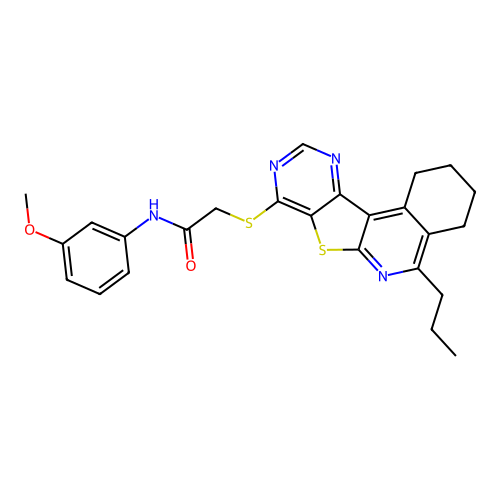 N-(3-methoxyphenyl)-2-((5-propyl-1,2,3,4-tetrahydropyrimido[4',5':4,5]thieno[2,3-c]isoquinolin-8-yl)thio)acetamide structure