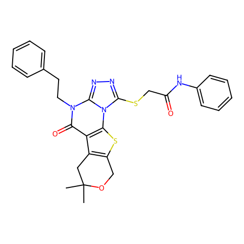 2-((7,7-dimethyl-5-oxo-4-phenethyl-5,6,7,9-tetrahydro-4H-pyrano[4',3':4,5]thieno[3,2-e][1,2,4]triazolo[4,3-a]pyrimidin-1-yl)thio)-N-phenylacetamide structure