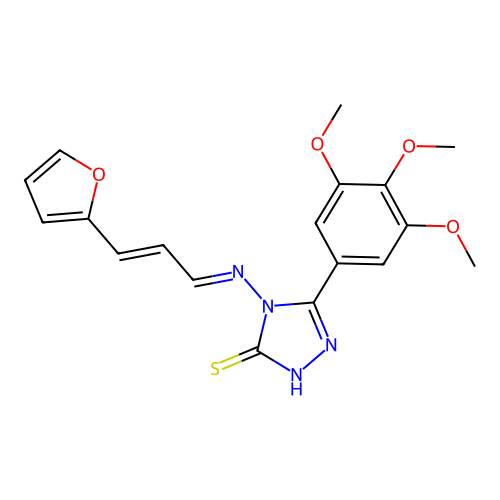 4-((1E,3E)-4-(2-furyl)-1-azabuta-1,3-dienyl)-5-(3,4,5-trimethoxyphenyl)-1,2,4- triazole-3-thiol structure