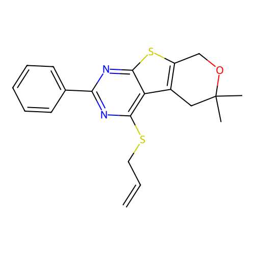 4-(allylthio)-6,6-dimethyl-2-phenyl-6,8-dihydro-5H-pyrano[4',3':4,5]thieno[2,3-d]pyrimidine structure