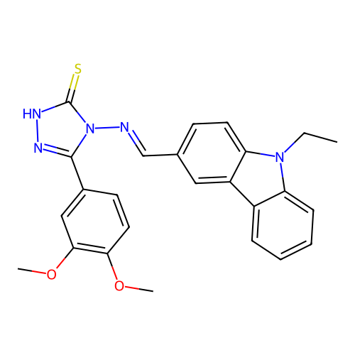 (E)-5-(3,4-dimethoxyphenyl)-4-(((9-ethyl-9H-carbazol-3-yl)methylene)amino)-4H-1,2,4-triazole-3-thiol structure