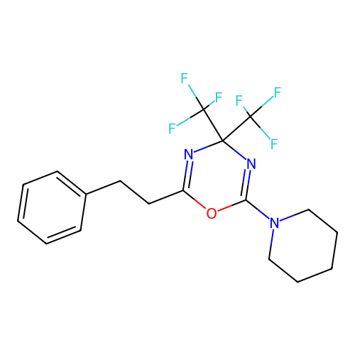 2-(2-phenylethyl)-6-(piperidin-1-yl)-4,4-bis(trifluoromethyl)-4H-1,3,5-oxadiazine structure