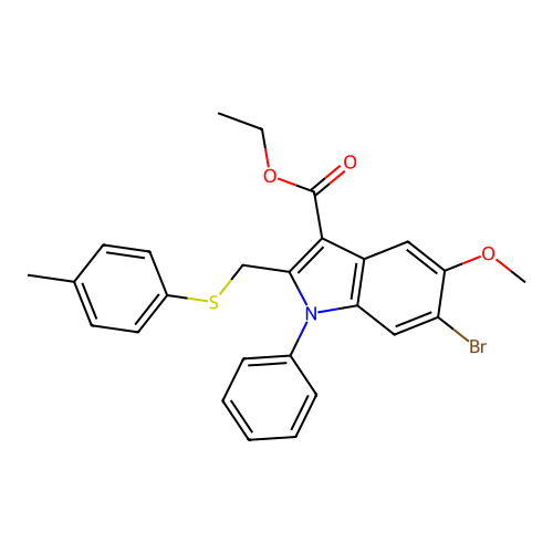 ethyl 6-bromo-5-methoxy-1-phenyl-2-((p-tolylthio)methyl)-1H-indole-3-carboxylate structure