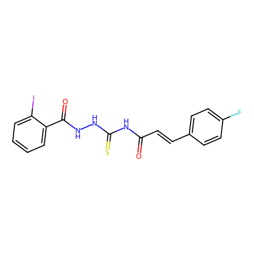 3-(4-fluorophenyl)-N-[[(2-iodobenzoyl)amino]thiocarbamoyl]prop-2-enamide structure
