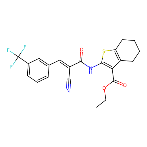 (E)-ethyl 2-(2-cyano-3-(3-(trifluoromethyl)phenyl)acrylamido)-4,5,6,7-tetrahydrobenzo[b]thiophene-3-carboxylate structure
