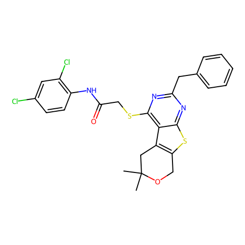 2-((2-benzyl-6,6-dimethyl-6,8-dihydro-5H-pyrano[4',3':4,5]thieno[2,3-d]pyrimidin-4-yl)thio)-N-(2,4-dichlorophenyl)acetamide structure