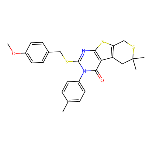 2-((4-methoxybenzyl)thio)-6,6-dimethyl-3-(p-tolyl)-5,6-dihydro-3H-thiopyrano[4',3':4,5]thieno[2,3-d]pyrimidin-4(8H)-one structure
