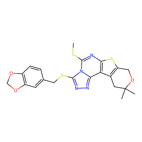 3-((benzo[d][1,3]dioxol-5-ylmethyl)thio)-10,10-dimethyl-5-(methylthio)-10,11-dihydro-8H-pyrano[4',3':4,5]thieno[3,2-e][1,2,4]triazolo[4,3-c]pyrimidine structure