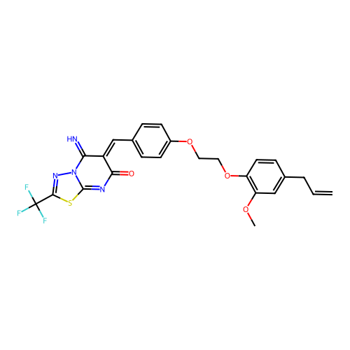 (6Z)-5-imino-6-(4-{2-[2-methoxy-4-(prop-2-en-1-yl)phenoxy]ethoxy}benzylidene)-2-(trifluoromethyl)-5,6-dihydro-7H-[1,3,4]thiadiazolo[3,2-a]pyrimidin-7-one structure