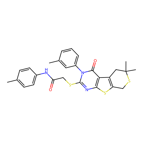 2-((6,6-dimethyl-4-oxo-3-(m-tolyl)-4,5,6,8-tetrahydro-3H-thiopyrano[4',3':4,5]thieno[2,3-d]pyrimidin-2-yl)thio)-N-(p-tolyl)acetamide structure