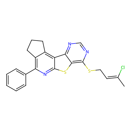 (Z)-7-((3-chlorobut-2-en-1-yl)thio)-4-phenyl-2,3-dihydro-1H-cyclopenta[4',5']pyrido[3',2':4,5]thieno[3,2-d]pyrimidine structure