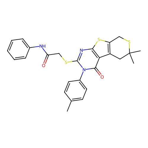 2-((6,6-dimethyl-4-oxo-3-(p-tolyl)-4,5,6,8-tetrahydro-3H-thiopyrano[4',3':4,5]thieno[2,3-d]pyrimidin-2-yl)thio)-N-phenylacetamide structure