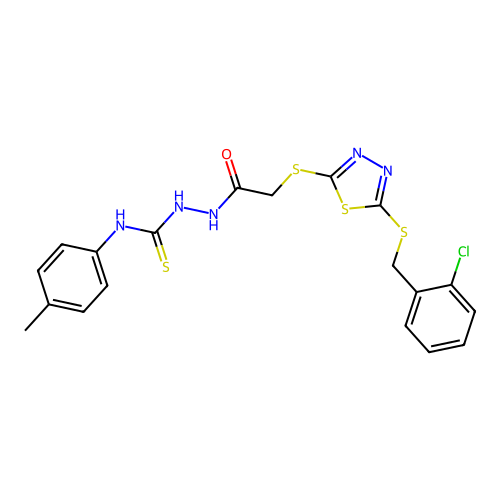 1-[[2-[[5-[(2-chlorophenyl)methylsulfanyl]-1,3,4-thiadiazol-2-yl]sulfanyl]acetyl]amino]-3-(4-methylphenyl)thiourea structure