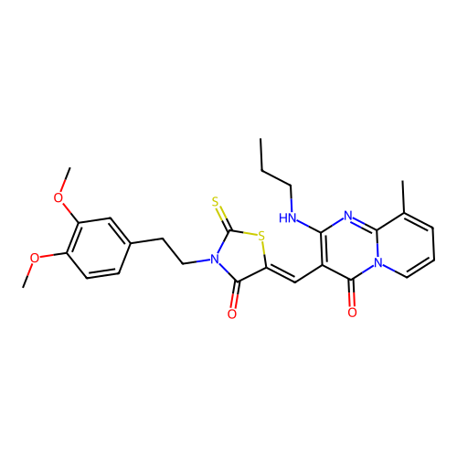 3-[(Z)-{3-[2-(3,4-dimethoxyphenyl)ethyl]-4-oxo-2-thioxo-1,3-thiazolidin-5-ylidene}methyl]-9-methyl-2-(propylamino)-4H-pyrido[1,2-a]pyrimidin-4-one structure