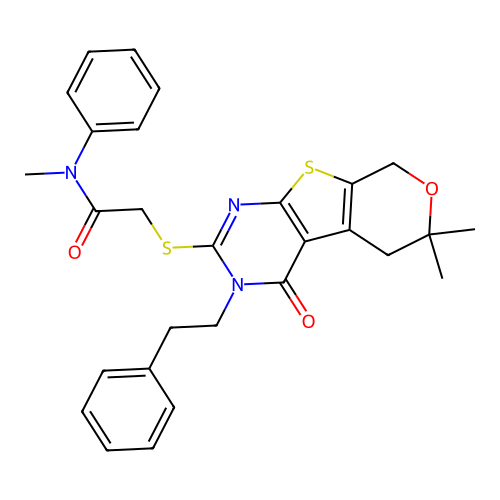 2-((6,6-dimethyl-4-oxo-3-phenethyl-4,5,6,8-tetrahydro-3H-pyrano[4',3':4,5]thieno[2,3-d]pyrimidin-2-yl)thio)-N-methyl-N-phenylacetamide structure