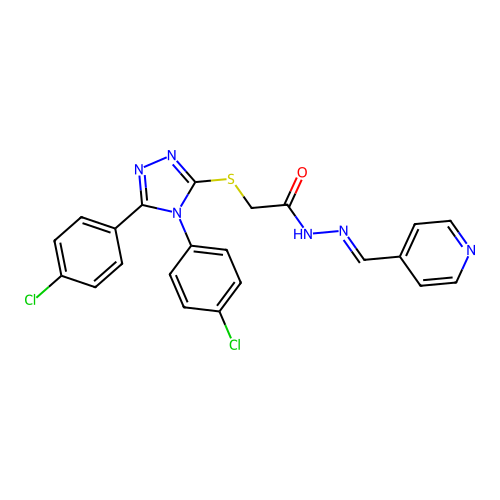 (E)-2-((4,5-bis(4-chlorophenyl)-4H-1,2,4-triazol-3-yl)thio)-N'-(pyridin-4-ylmethylene)acetohydrazide structure