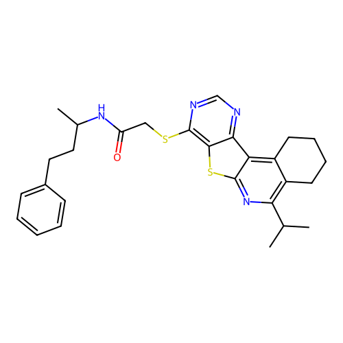 2-((5-isopropyl-1,2,3,4-tetrahydropyrimido[4',5':4,5]thieno[2,3-c]isoquinolin-8-yl)thio)-N-(4-phenylbutan-2-yl)acetamide structure