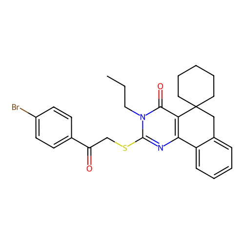 2-((2-(4-bromophenyl)-2-oxoethyl)thio)-3-propyl-3H-spiro[benzo[h]quinazoline-5,1'-cyclohexan]-4(6H)-one structure