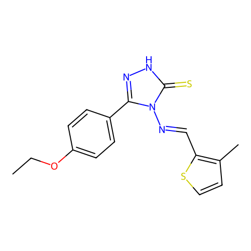 (E)-5-(4-ethoxyphenyl)-4-(((3-methylthiophen-2-yl)methylene)amino)-4H-1,2,4-triazole-3-thiol structure