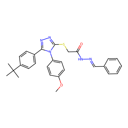 2-{[5-(4-tert-butylphenyl)-4-(4-methoxyphenyl)-4H-1,2,4-triazol-3-yl]sulfanyl}-N'-[(E)-phenylmethylidene]acetohydrazide structure
