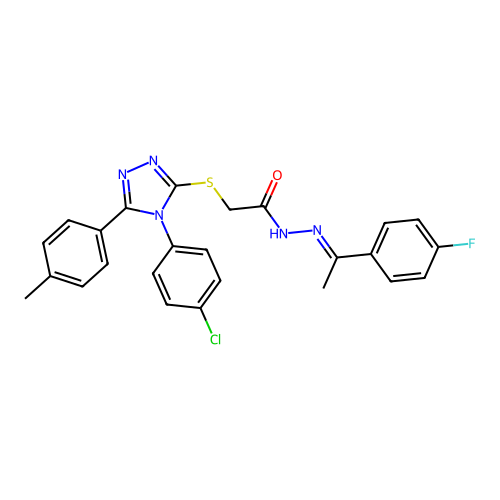 2-[[4-(4-chlorophenyl)-5-(4-methylphenyl)-1,2,4-triazol-3-yl]sulfanyl]-N-[(Z)-1-(4-fluorophenyl)ethylideneamino]acetamide structure
