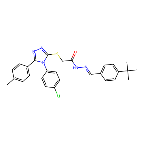 (E)-N'-(4-(tert-butyl)benzylidene)-2-((4-(4-chlorophenyl)-5-(p-tolyl)-4H-1,2,4-triazol-3-yl)thio)acetohydrazide structure