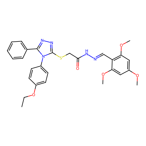 2-{[4-(4-ethoxyphenyl)-5-phenyl-4H-1,2,4-triazol-3-yl]sulfanyl}-N'-[(E)-(2,4,6-trimethoxyphenyl)methylidene]acetohydrazide structure
