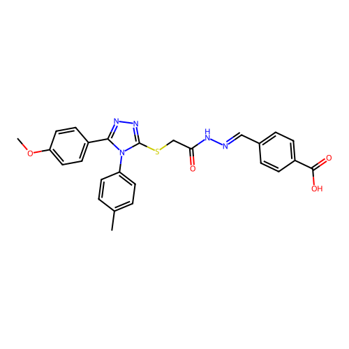 (E)-4-((2-(2-((5-(4-methoxyphenyl)-4-(p-tolyl)-4H-1,2,4-triazol-3-yl)thio)acetyl)hydrazono)methyl)benzoic acid structure