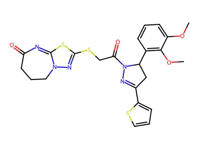 2-((2-(5-(2,3-dimethoxyphenyl)-3-(thiophen-2-yl)-4,5-dihydro-1H-pyrazol-1-yl)-2-oxoethyl)thio)-6,7-dihydro-[1,3,4]thiadiazolo[3,2-a][1,3]diazepin-8(5H)-one structure