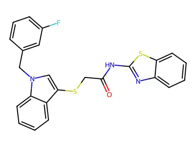 N-(benzo[d]thiazol-2-yl)-2-((1-(3-fluorobenzyl)-1H-indol-3-yl)thio)acetamide structure