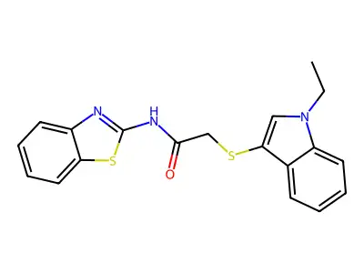 N-(1,3-benzothiazol-2-yl)-2-(1-ethylindol-3-yl)sulfanylacetamide structure