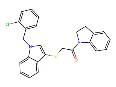 2-((1-(2-chlorobenzyl)-1H-indol-3-yl)thio)-1-(indolin-1-yl)ethanone structure