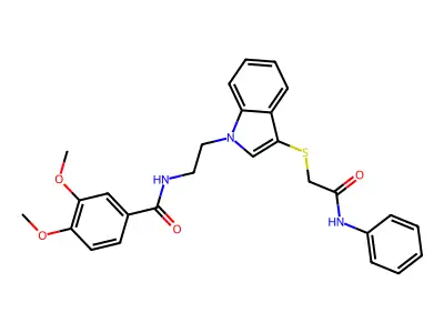 N-[2-[3-(2-anilino-2-oxoethyl)sulfanylindol-1-yl]ethyl]-3,4-dimethoxybenzamide structure