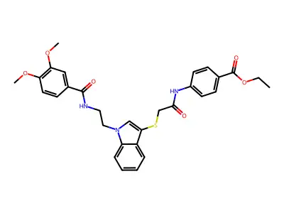 ethyl 4-(2-((1-(2-(3,4-dimethoxybenzamido)ethyl)-1H-indol-3-yl)thio)acetamido)benzoate structure