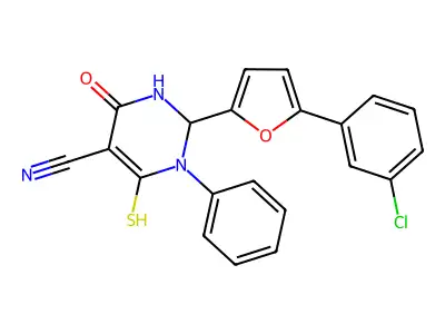 2-[5-(3-chlorophenyl)furan-2-yl]-4-oxo-1-phenyl-6-sulfanyl-1,2,3,4-tetrahydropyrimidine-5-carbonitrile structure
