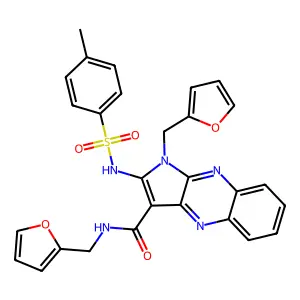 N,1-bis(furan-2-ylmethyl)-2-{[(4-methylphenyl)sulfonyl]amino}-1H-pyrrolo[2,3-b]quinoxaline-3-carboxamide structure