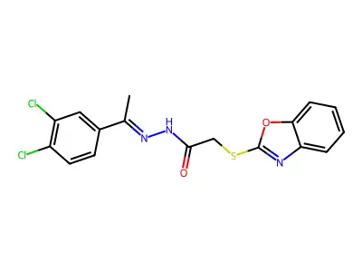 (Z)-2-(benzo[d]oxazol-2-ylthio)-N'-(1-(3,4-dichlorophenyl)ethylidene)acetohydrazide structure