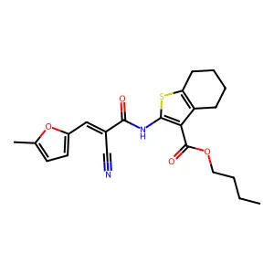 (E)-butyl 2-(2-cyano-3-(5-methylfuran-2-yl)acrylamido)-4,5,6,7-tetrahydrobenzo[b]thiophene-3-carboxylate structure