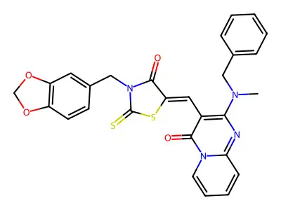 3-{(Z)-[3-(1,3-benzodioxol-5-ylmethyl)-4-oxo-2-thioxo-1,3-thiazolidin-5-ylidene]methyl}-2-[benzyl(methyl)amino]-4H-pyrido[1,2-a]pyrimidin-4-one structure