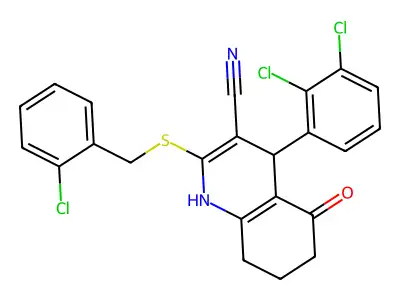 2-[(2-chlorophenyl)methylsulfanyl]-4-(2,3-dichlorophenyl)-5-oxo-4,6,7,8-tetrahydro-1H-quinoline-3-carbonitrile structure